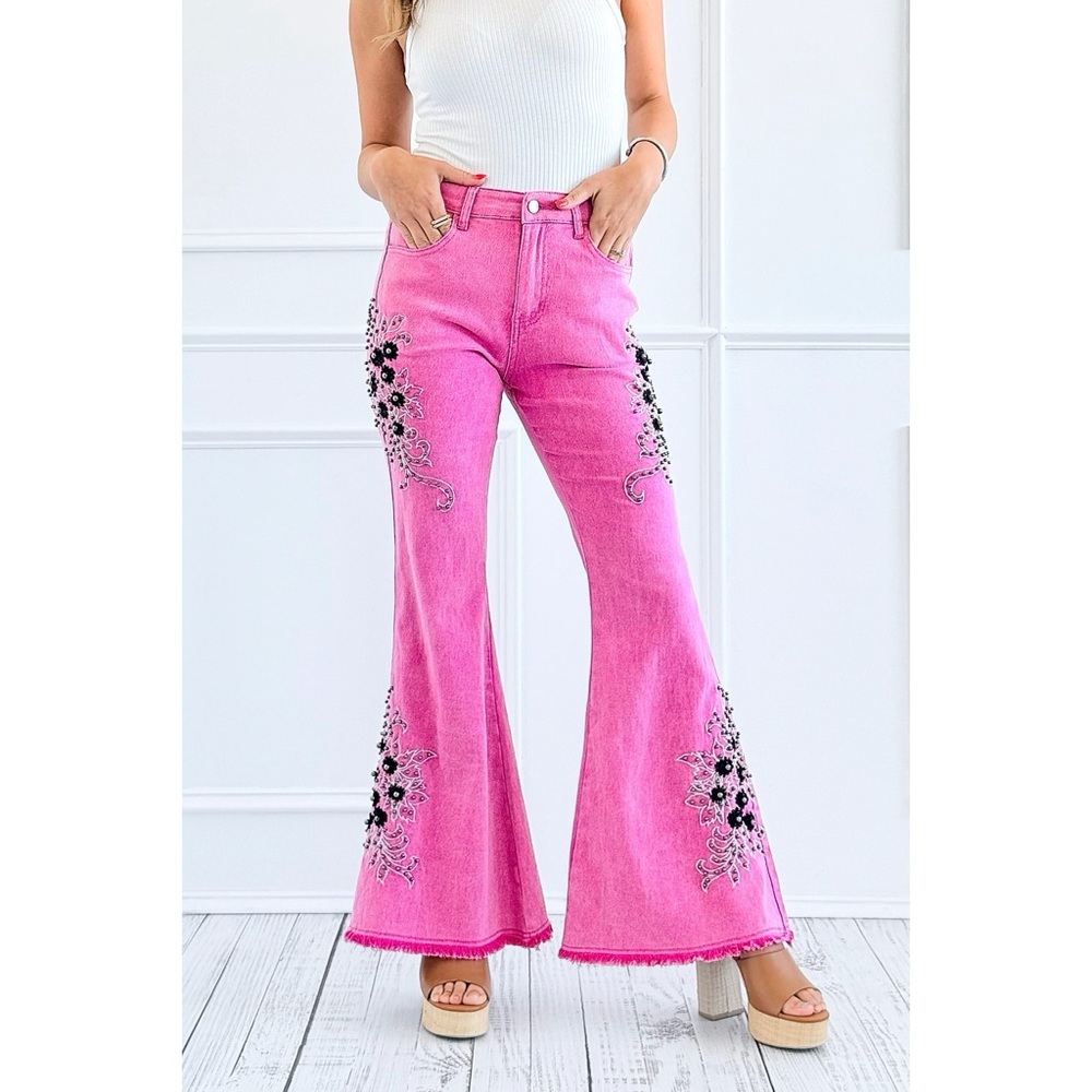 POL Pink Embroidered Western Flare Jeans | Beaded Studded Stretch Denim